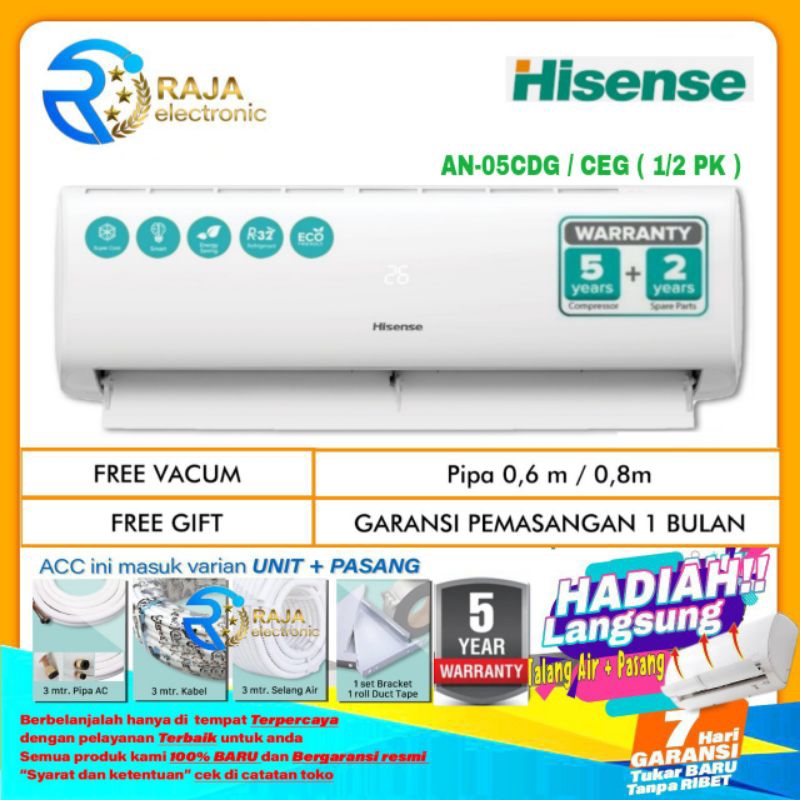 Jual AC HISENSE 1/2 PK AN05CEG / AN05CDG HEMAT ENERGI BLUE FIN LOW