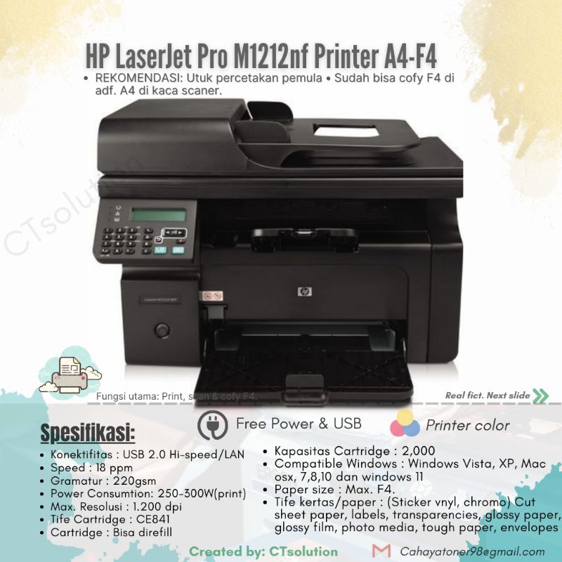 Jual Printer HP LaserJet M1212nf adf scan (F4) Multifungsi Shopee