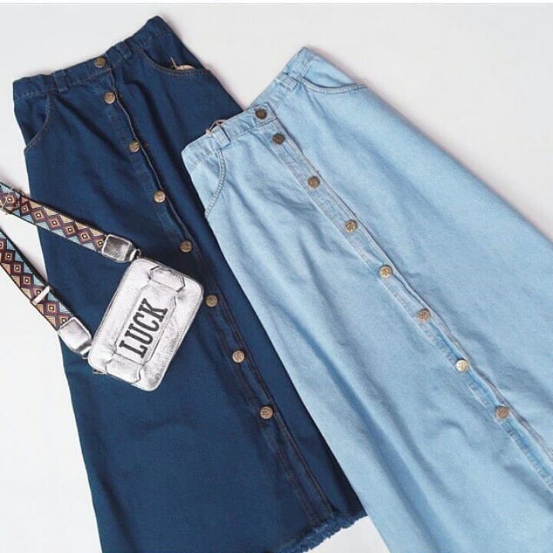 Jual Rok Button Rawis Jeans Panjang Kancing Maxi Skirt Rok Denim Knitted Putih Hitam Rok Cewek 3721