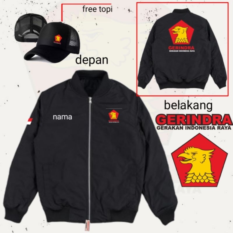 Jual jaket bomber hitam partai Gerindra sablon free topi dan free ...