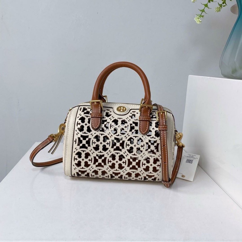 Jual Tory Burch T Monogram Laser Cut Mini Barrel Duffle Bag Shopee