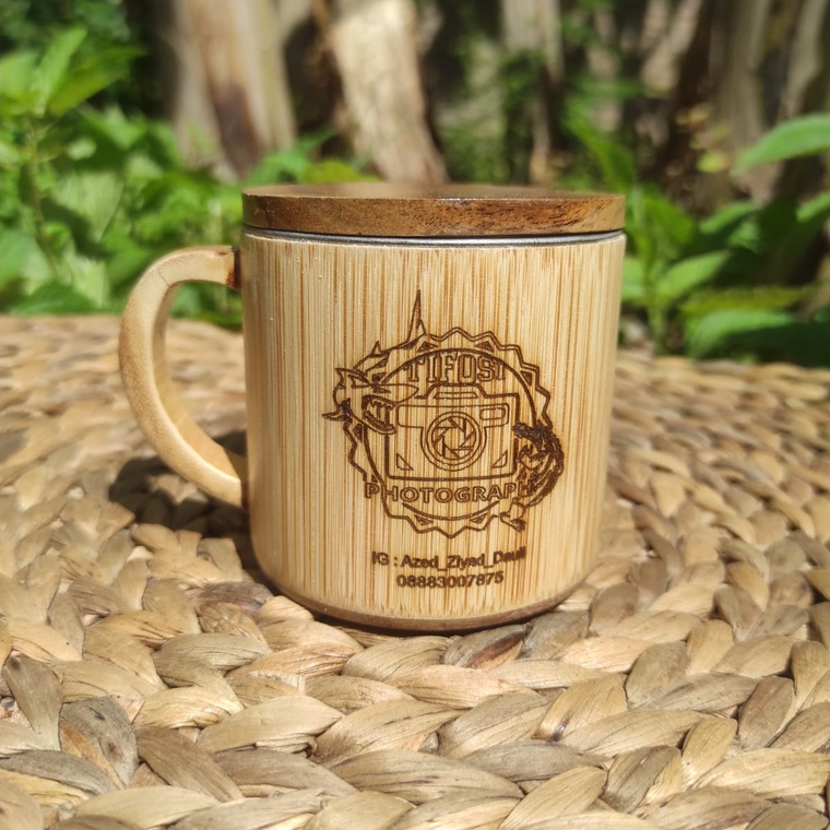 Gelas Cangkir Kopi Stainless Bambu Asli Natural Antik Murah Suvenir Cantik Unik Custom Grafir dan Logo Muq Termos