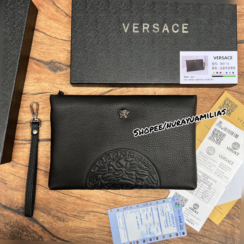 Jual clutch pria Versace kulit asli import free box tas clutch pria