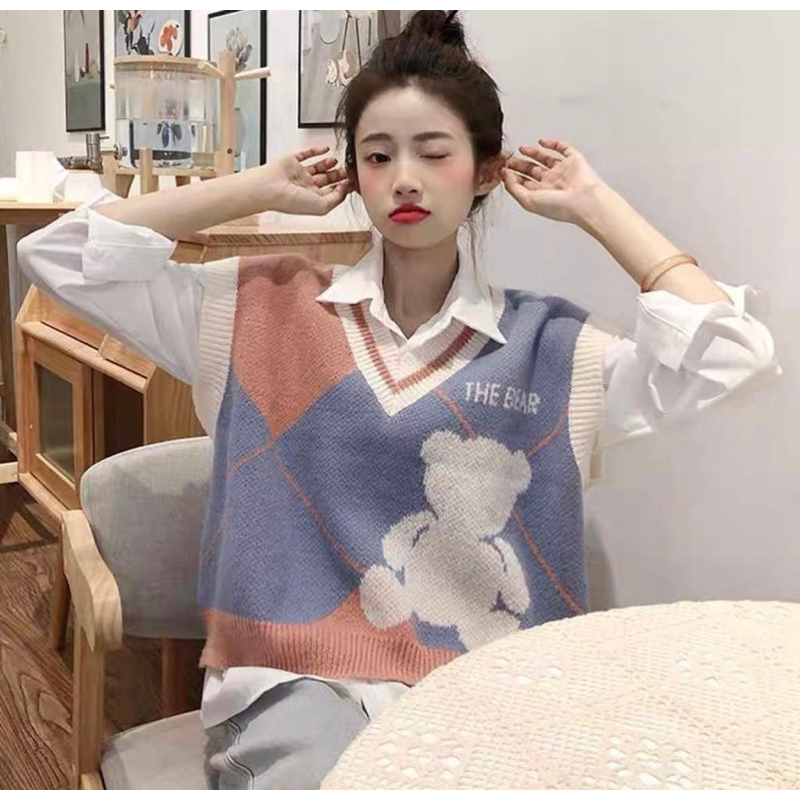 Jual THE BEAR VEST ROMPI RAJUT WANITA KOREAN STYLE V NECK Shopee