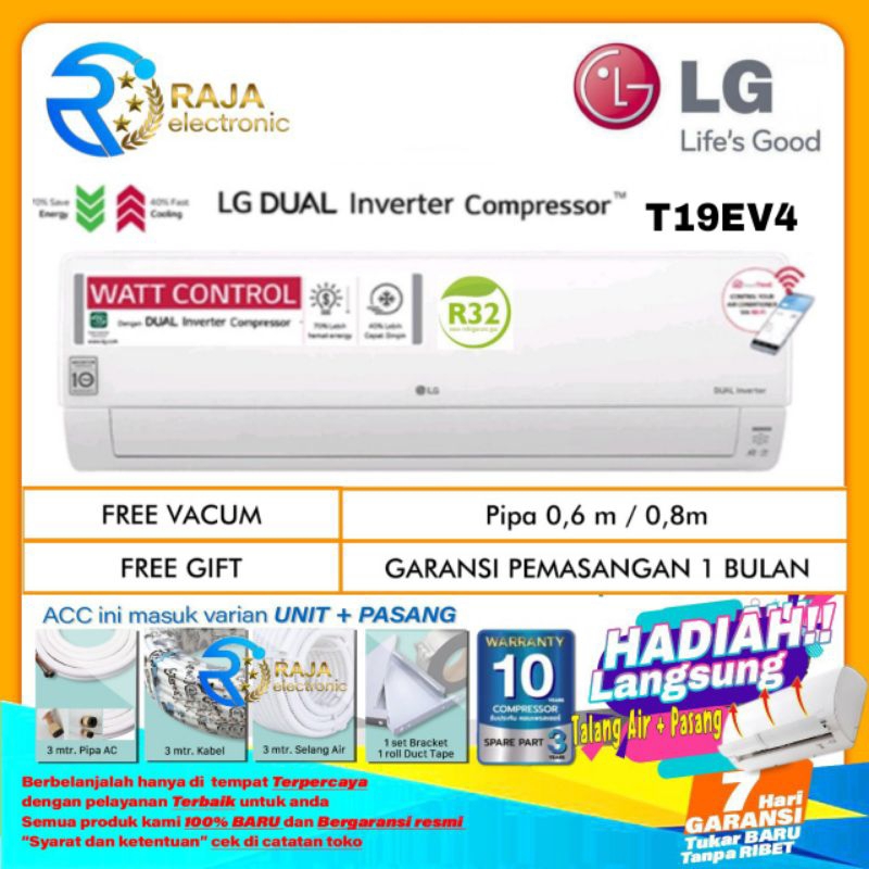 Jual AC LG 2 PK T19EV4 DUAL COOL ECO INVERTER + INSTALASI PEMASANGAN