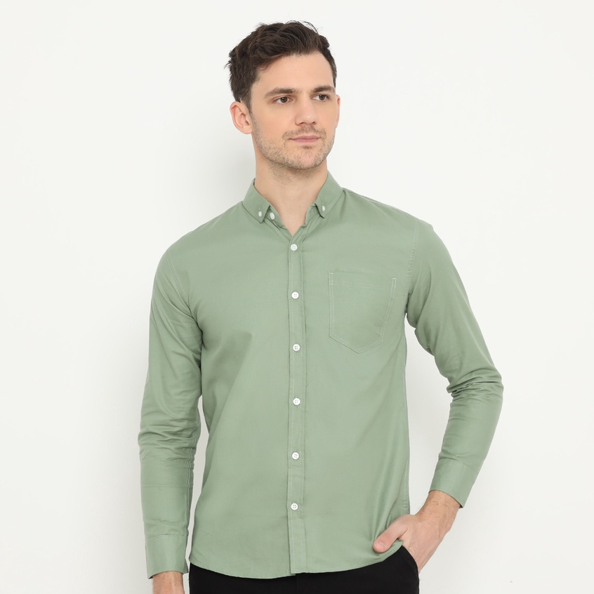 Jual Kemeja Pria Basic Polos Lengan Panjang Slimfit Sage Green (Hijau