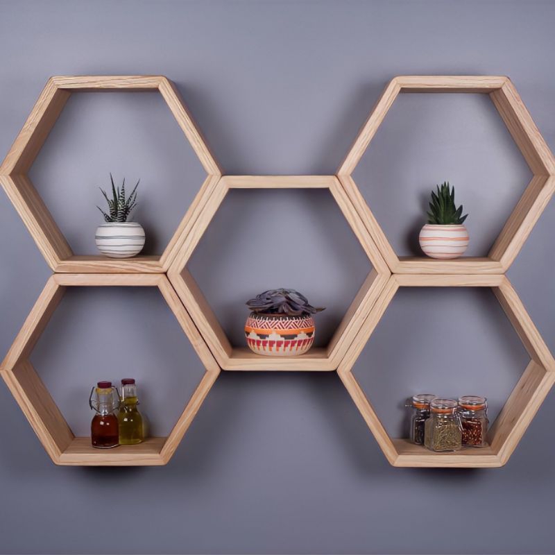 Jual Rak Hexagonal Kayu Jati Ambalan Dinding Minimalis Rak Dinding