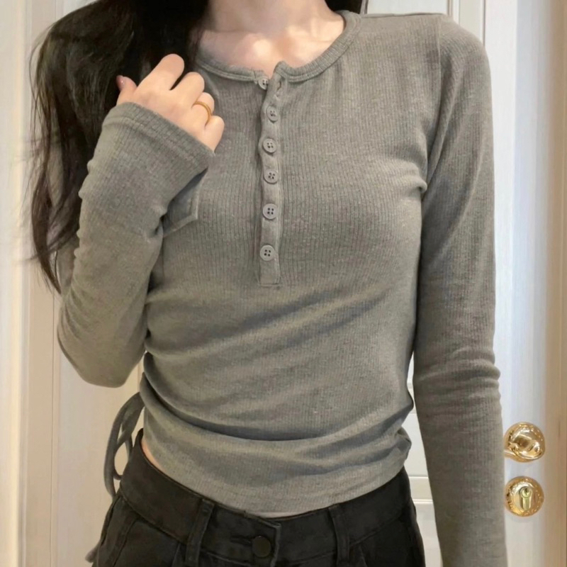 Jual Dasom Grey Top Atasan lengan panjang wanita korea y2k vintage