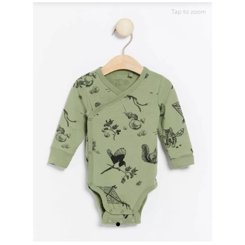 Jual LINDEX organic cotton green animals print wrap bodysuit babyboy