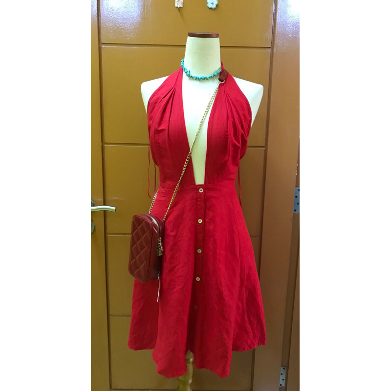 Jual OYSHO RED LINEN DRESS WANITA ORIGINAL NEW | Shopee Indonesia
