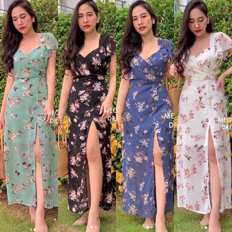 Jual D MEGUMI KOREAN STYLE FLORAL VINTAGE MIDI DRESS PANTAI SUMMER MUSIM PANAS SEXY SIMPLE