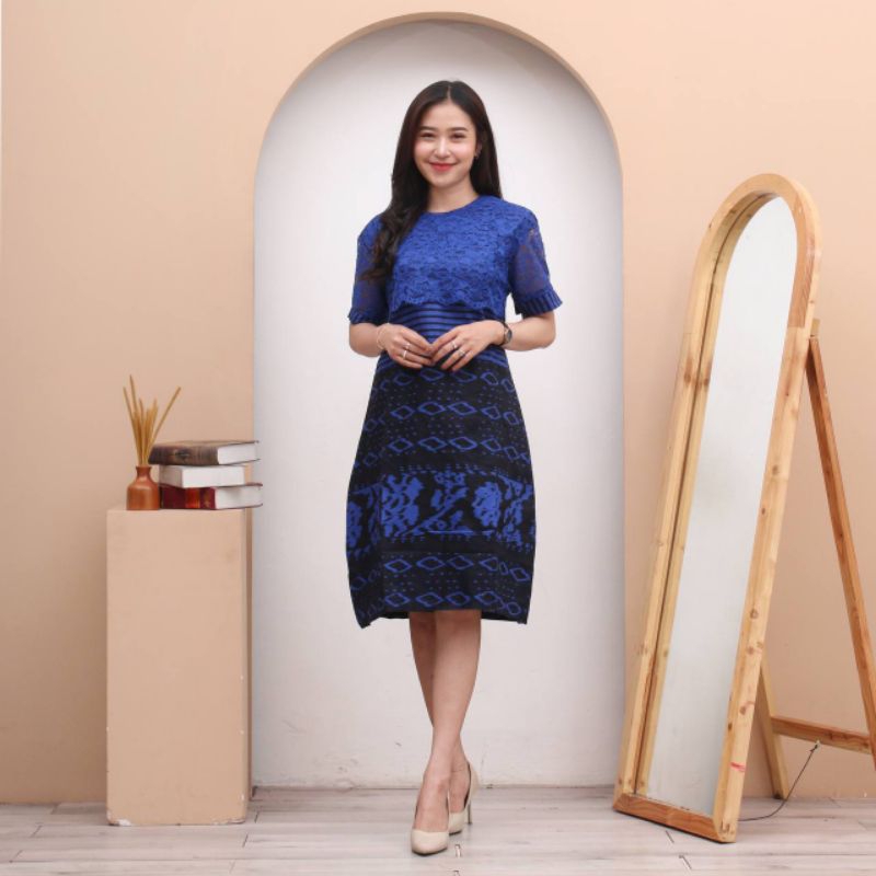 Jual DRESS BROKAT KOMBINASI BATIK TENUN WARNA BIRU DONGKER NAVY