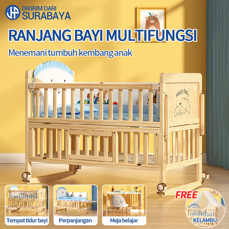 Jual Tempat tidur kayu solid multifungsi / tempat tidur bayi / tempat