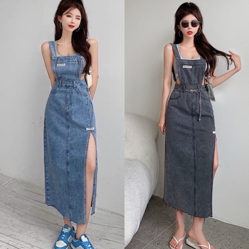 Jual OVERALL SKIRT DENIM ROK KODOK WANITA SPLIT MX568 | Shopee Indonesia