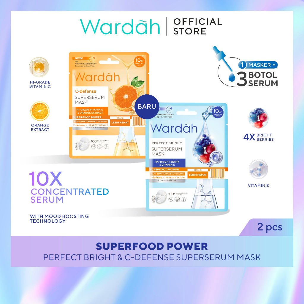 Wardah SuperSerum Mask x2 – C-defense & Perfect Bright 2x20 ml - Paket Isi 2 Superfood Sheet Mask