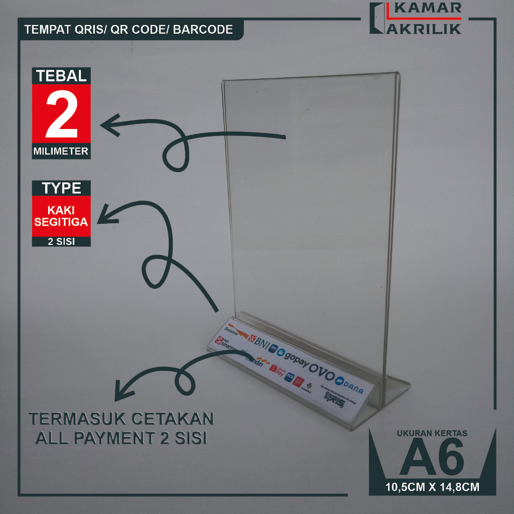 Jual Akrilik Tempat Qris Barcode A Mm Kaki Segitiga Dengan Cetakan Logo Gopay Ovo Dana