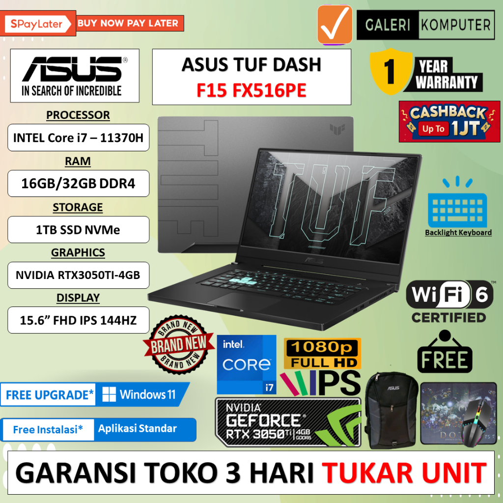 Jual LAPTOP GAMING ASUS TUF DASH F15 FX516PE I7 11370H 16GB 1TB SSD FHD ...