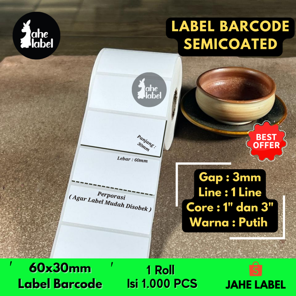 Jual LABEL BARCODE 60 X 30 MM LABEL STICKER SEMICOATED 60x30 1000 PCS ...