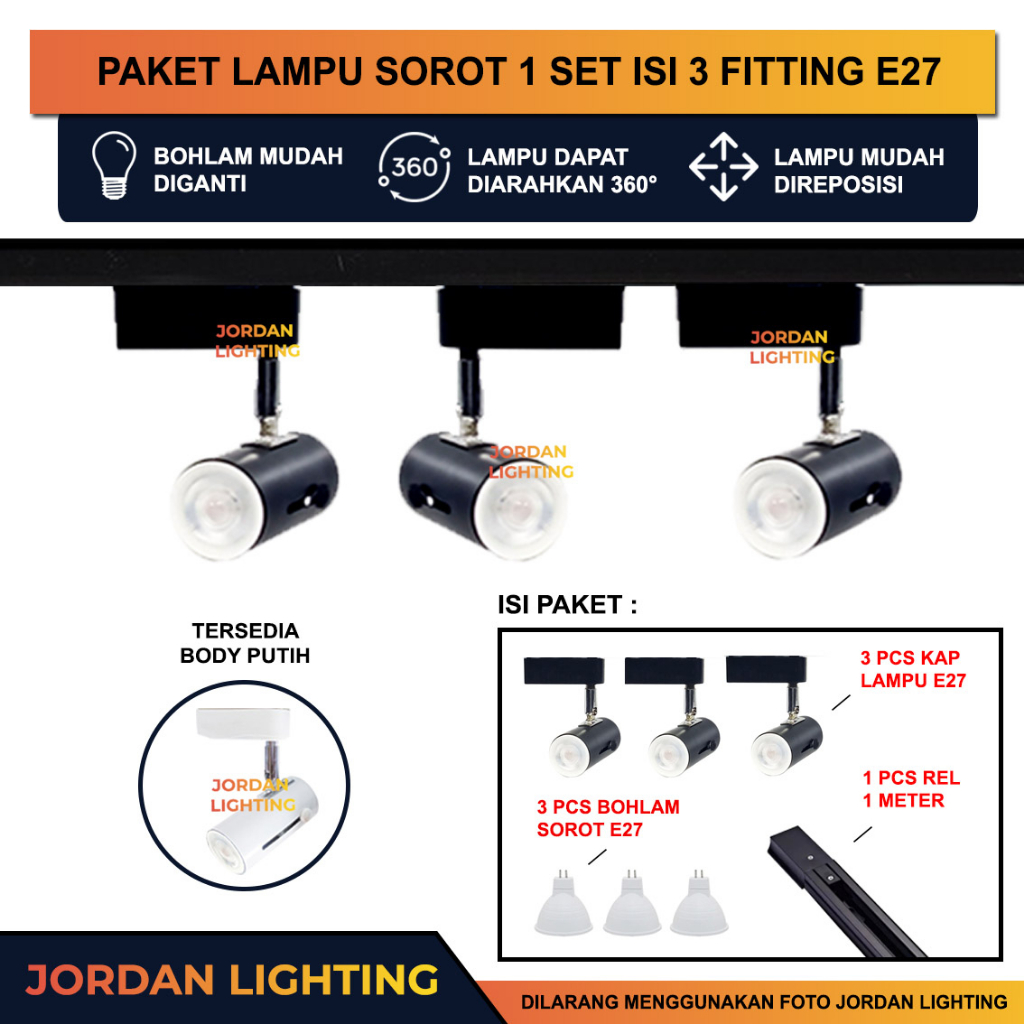 Jual Paket Lampu Sorot Tracklight Rel Spotlight 1 Set isi 3 Lampu Rell ...