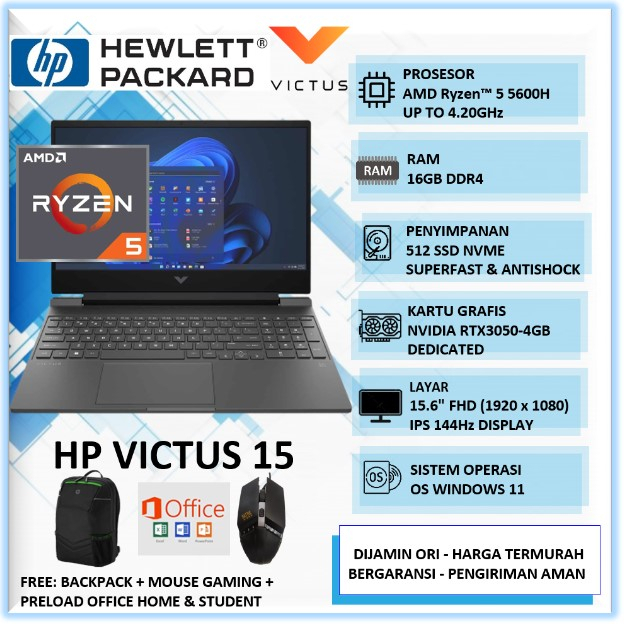 Jual Laptop Gaming Baru HP Victus 15 FB00009AX Ryzen 5 5600H Ram 16GB ...