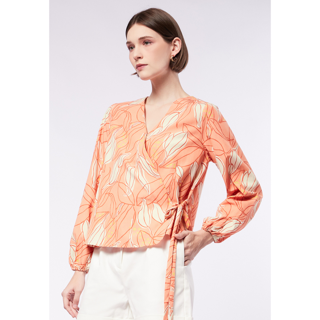 Jual Et Cetera Printed V Neck Wrap Blouse Peach Shopee Indonesia