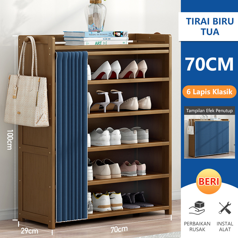 Jual Rak Sepatu Kayu 7 Susun Lemari Sepatu Tahan Debu Dengan Tirai ...