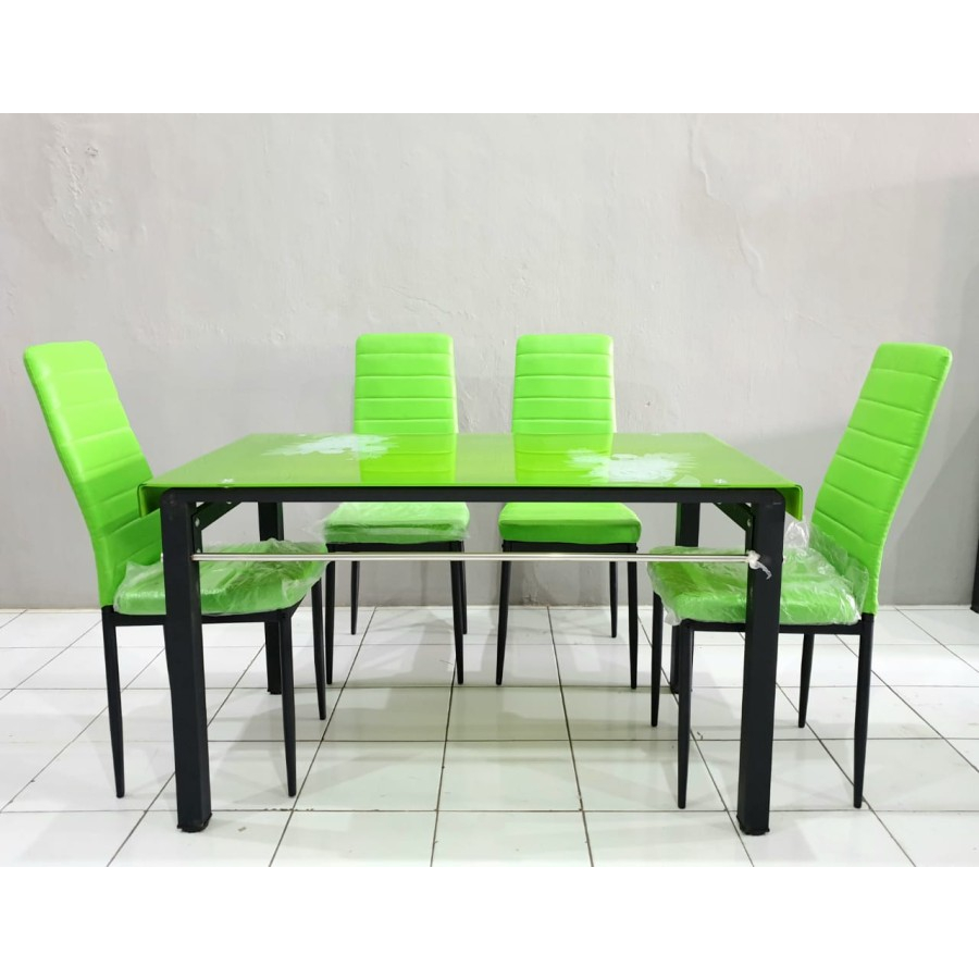 Jual MEJA MAKAN KACA TEMPERED KELUARGA 4 KURSI / HIJAU MOTIF BUNGA