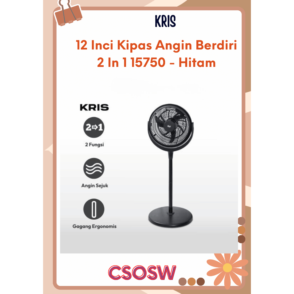 Jual Kris 12 Inch Kipas Angin Berdiri 2 In 1 Hitam Standing Fan ...