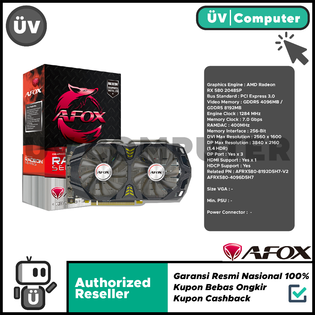 Jual VGA Card AMD Afox Radeon RX 580 8GB DDR5 256BIT Dual Fan RX580 ...