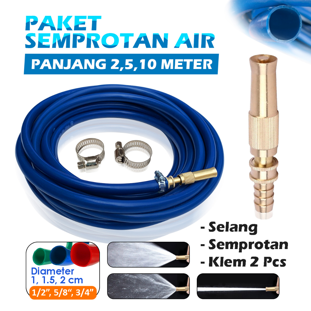 Paket Selang 1/2 Inch ( 2, 5, 10 Meter ) Semprotan Air Lurus Kuningan - Selang Doff Elastis 1/2 Inchi Semprotan Nosel Kuningan Cuci Motor Mobil Siram Taman Tanaman - Plus Nosel Kuningan Free Klem 2