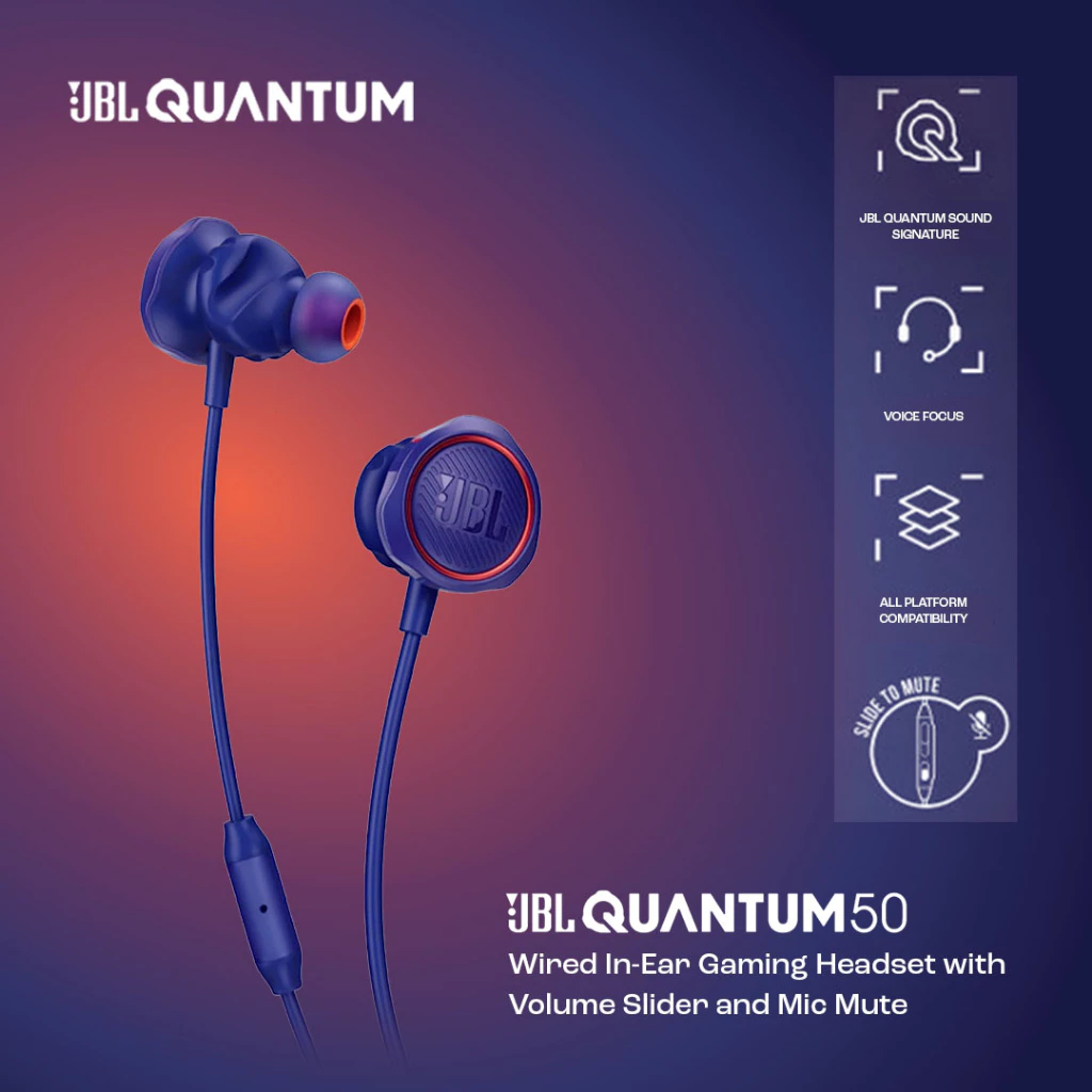 JBL Quantum 50 Wired In-Ear Gaming Headset with volume slider and mic mute - Garansi Resmi