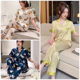 Mje_collection88 C008 Setelan Piyama Satin Premium Lengan Pendek Celana Panjang Piyama Wanita