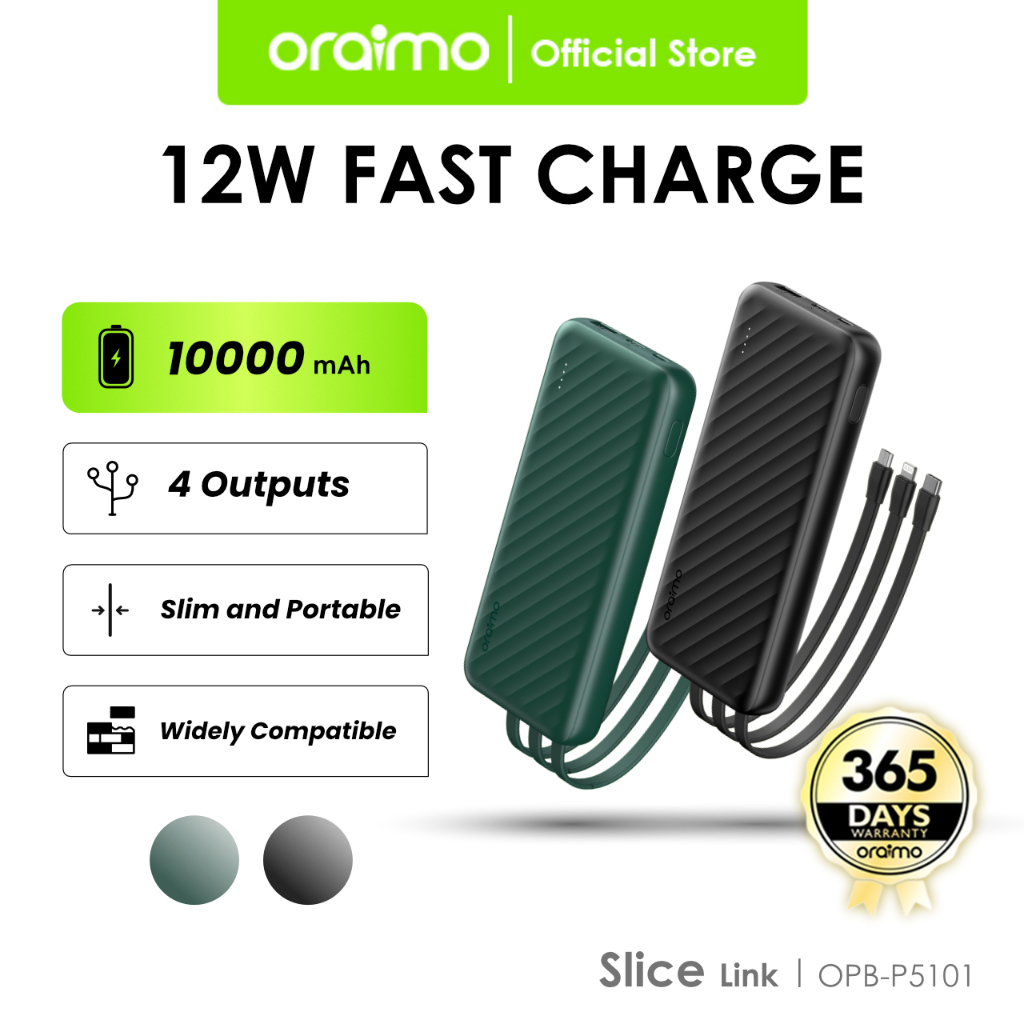Jual Oraimo Powerbank 10000mAH Real Capacity Fast Charging Slice Link 12W Built-in Cables Micro USB Lightning Type-C OPB-P5101 | Shopee Indonesia