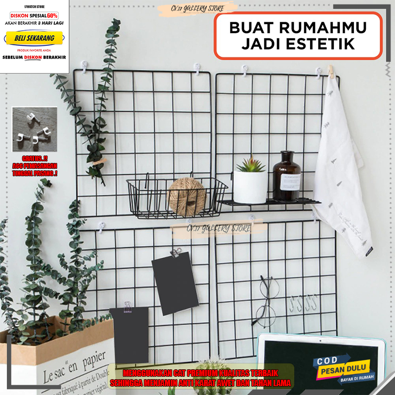 Jual Promo Hijang 52X35 Hiasan Dinding Wall Grid Black Grid Wire Mesh ...