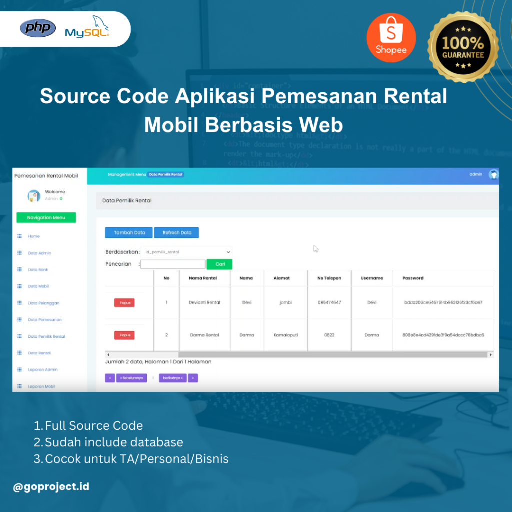 Jual Source Code Aplikasi Pemesanan Rental Mobil Berbasis Web | Shopee ...