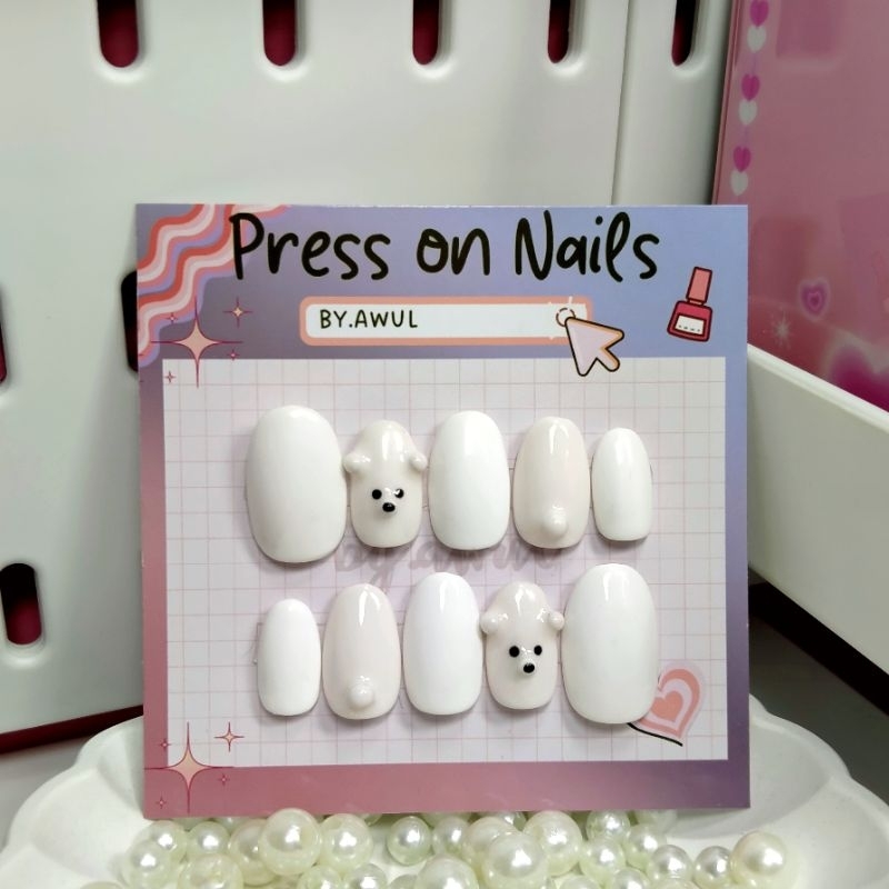 Jual Press on Nails White Bear Fake Nails by.awul Handmade Fake