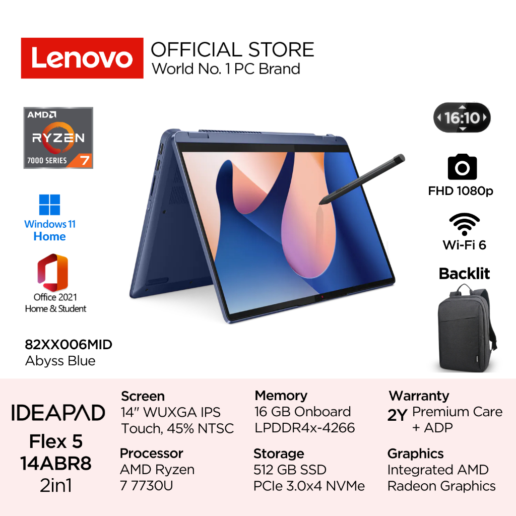 Jual Lenovo 2in1 IdeaPad Flex 5 14ABR8 AMD Ryzen 7 7730U Win11 16GB ...