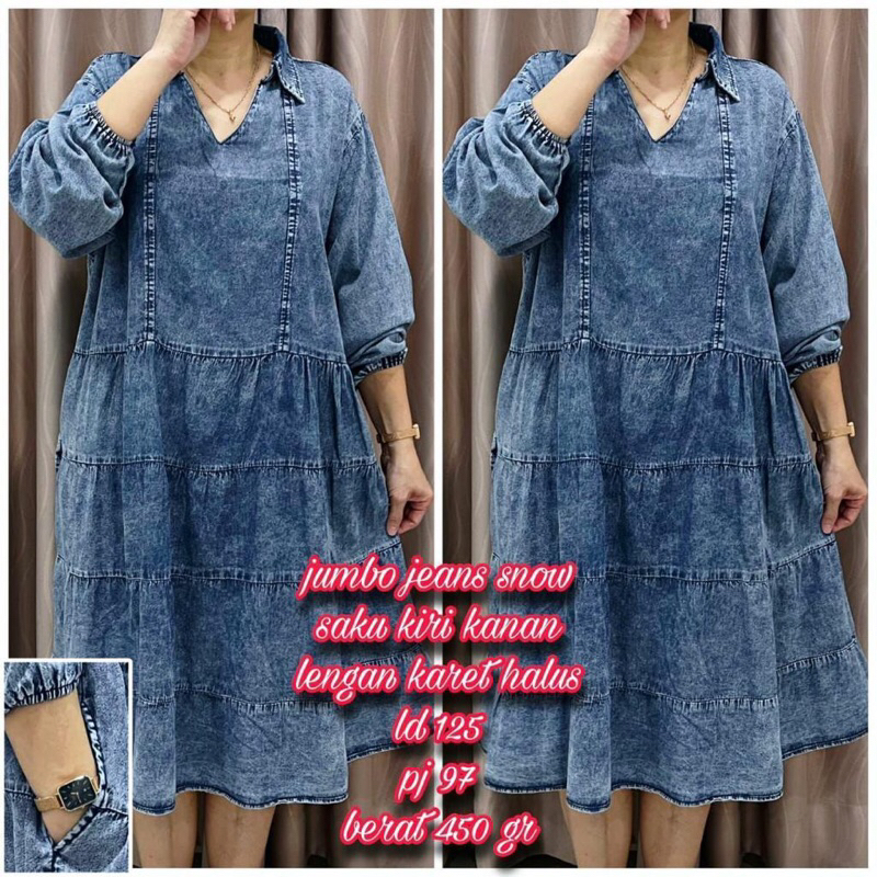 Jual DRESS JEANS JUMBO POLOS SUSUN RAMPEL BAHAN JEANS PREMIUM (LEMBUT ...