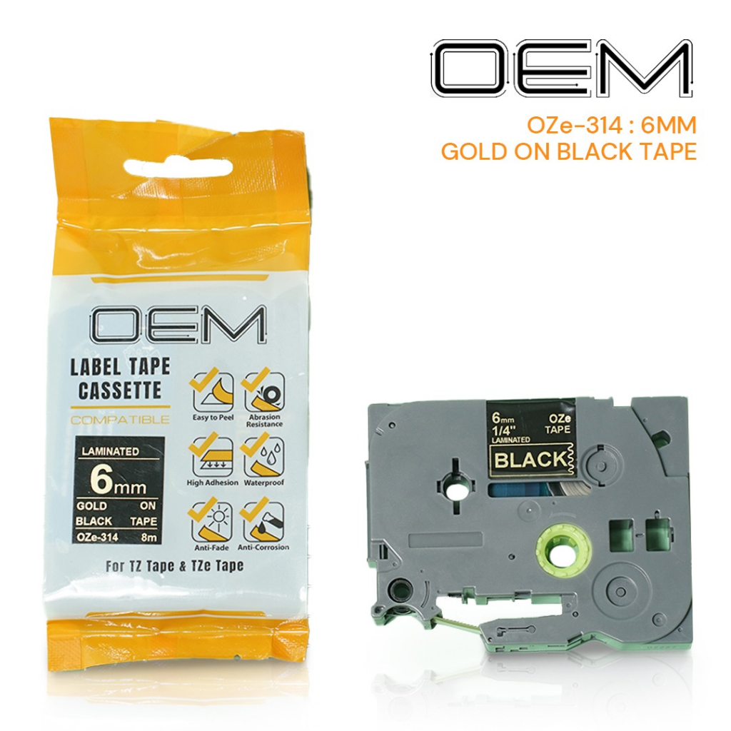 Jual Oze-314 OEM TAPE LABEL 6mm Gold On Black For Use On Ptouch ...