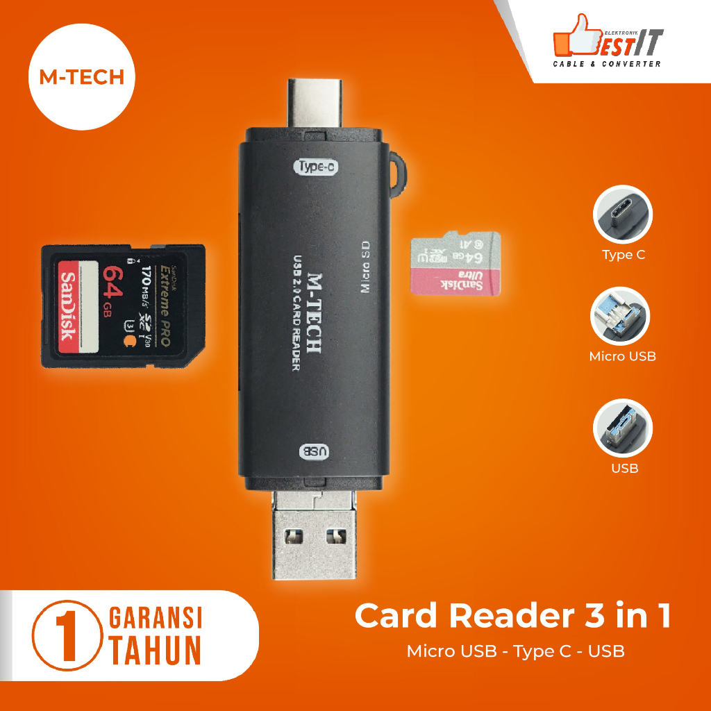 Jual MTECH USB Card Reader Type C & Micro USB 3 in 1 TF SD Card OTG