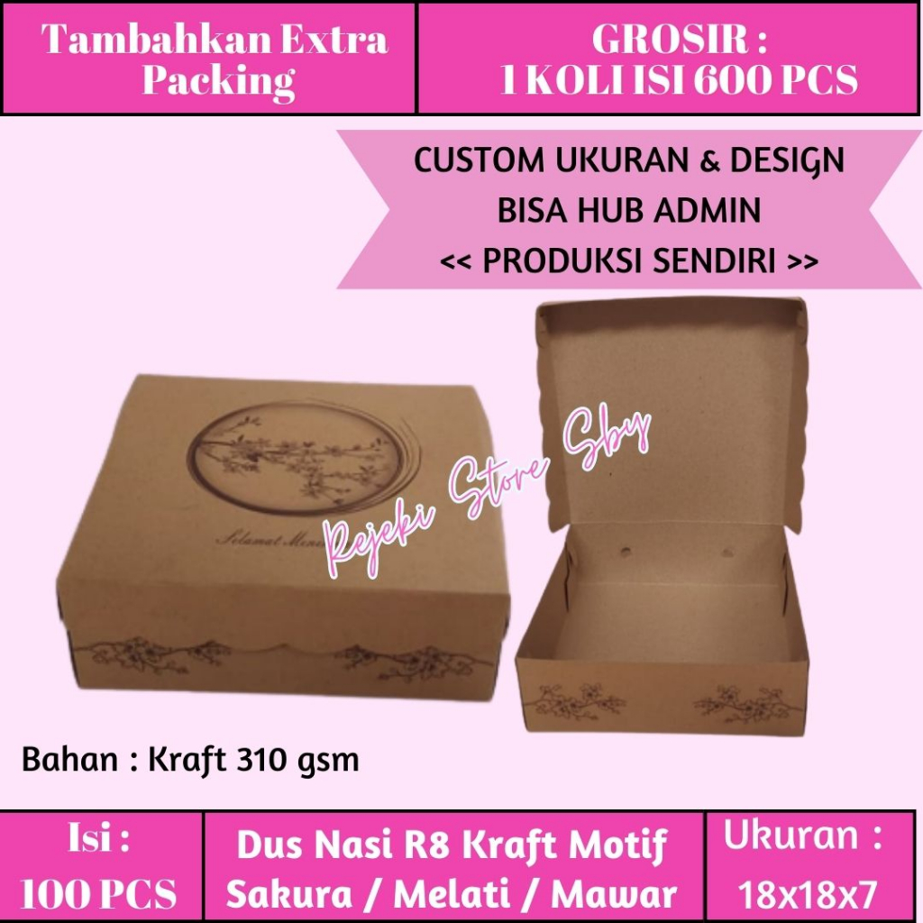 Jual (100 pcs) Dus Nasi R8 Kraft Motif | 18x18x7 | Box Kotak Nasi ...