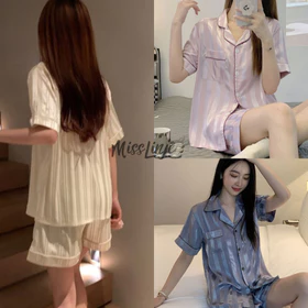 Miss Linje Baju Tidur Piyama Satin Setelan Lengan Pendek Celana Pendek Wanita Busui Full