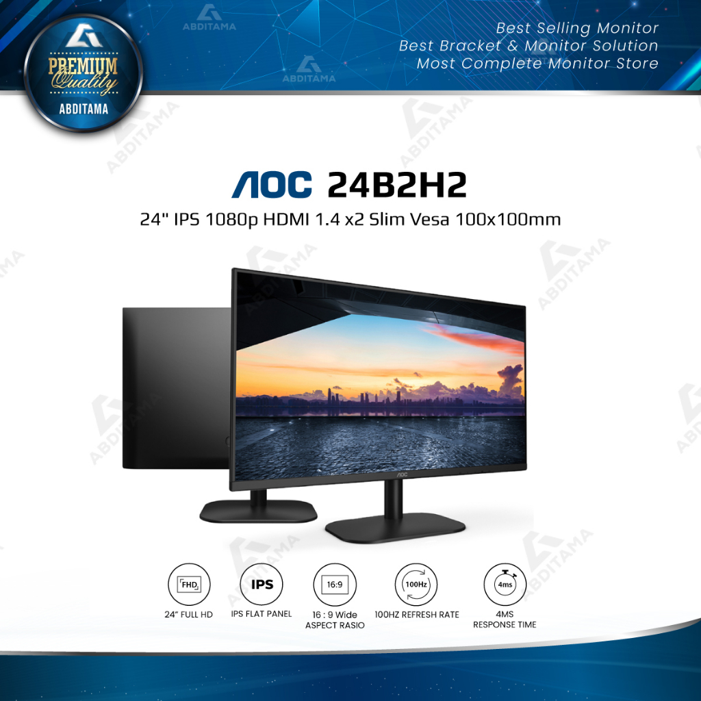 Jual Monitor LED AOC 24B2H2 24" IPS 1080p HDMI 1.4 x2 Slim Vesa