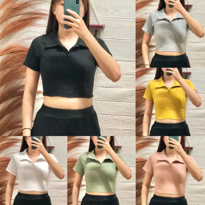 Jual Kaos Crop Kerah Bahan Knit Rib Super Strech Shopee Indonesia