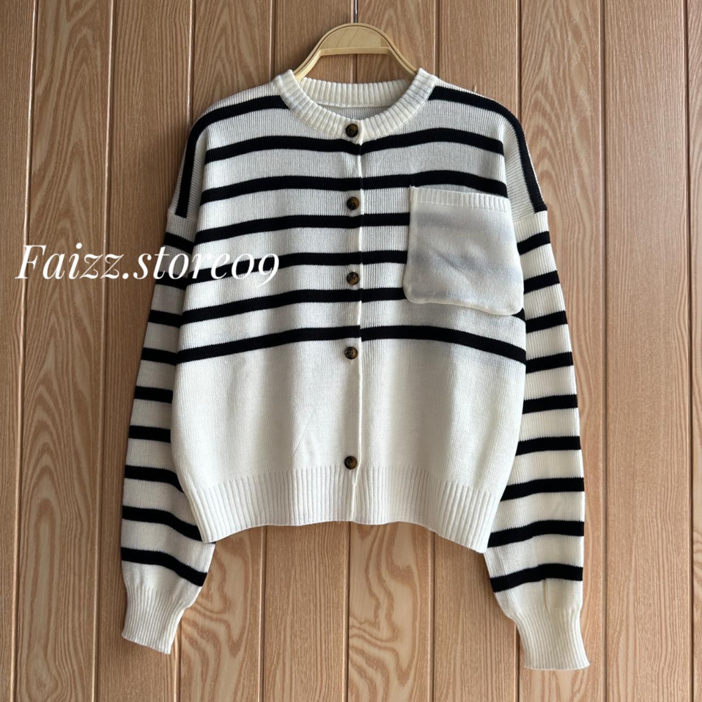 Jual zifana Cardigan Rajut Crop Saku Motif Stripe Atasan Wanita