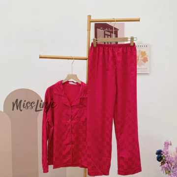 Baju Tidur Piyama Satin Kotak Setelan Lengan Panjang Celana Panjang Wanita Busui Full Kancing