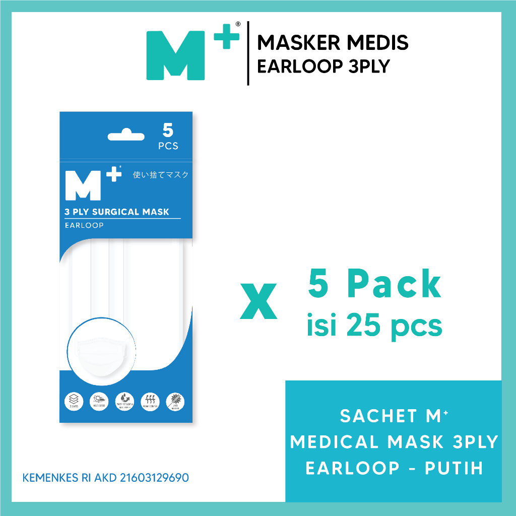 Jual Sachet M+ Masker Medis 3PLY Putih (5 Pack & 12 Pack) | Shopee ...