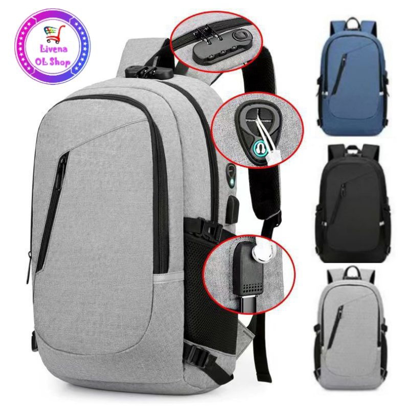 Jual Tas Ransel Laptop Backpack Sekolah Dengan Kunci Kombinasi Dan Port ...