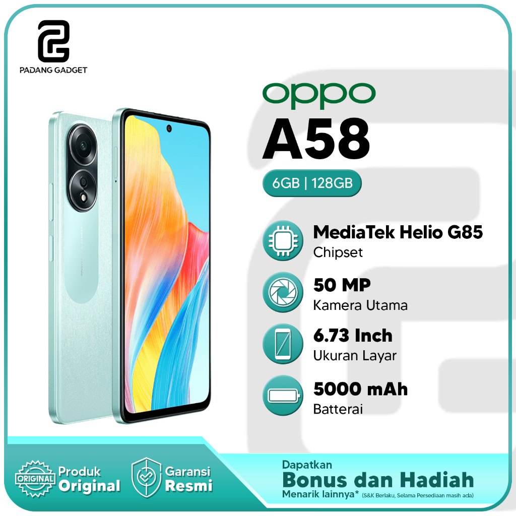 Jual Oppo A58 6/8 128GB [6GB+6GB RAM Expansion, 5000mAh SUPERVOOC 33W