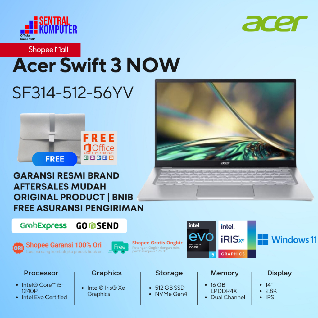 Jual Acer Swift 3 Now Sf314 I5 1240p Evo 16gb 512gb Ssd 14 Qhd Ips W11